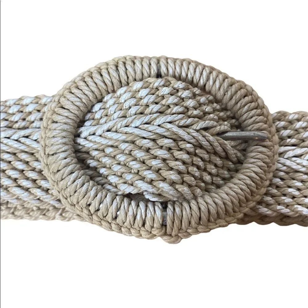 Coldwater Creek Woven Adjustable Belt 46” long tan and white nautical look
